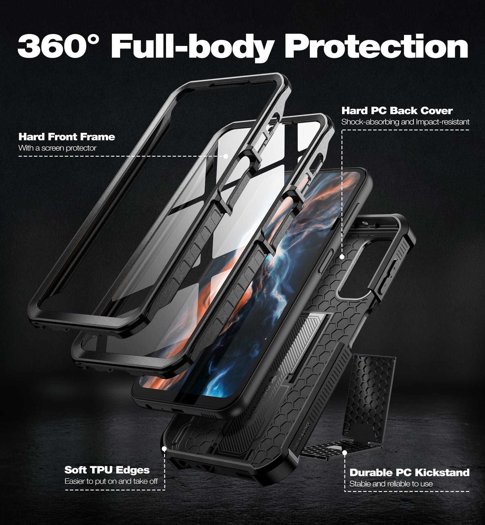 For Samsung Galaxy A25-5G Phone Case, Samsung A24 case [2 Front Frame] [Bulit-in Screen Protector & Kickstand]