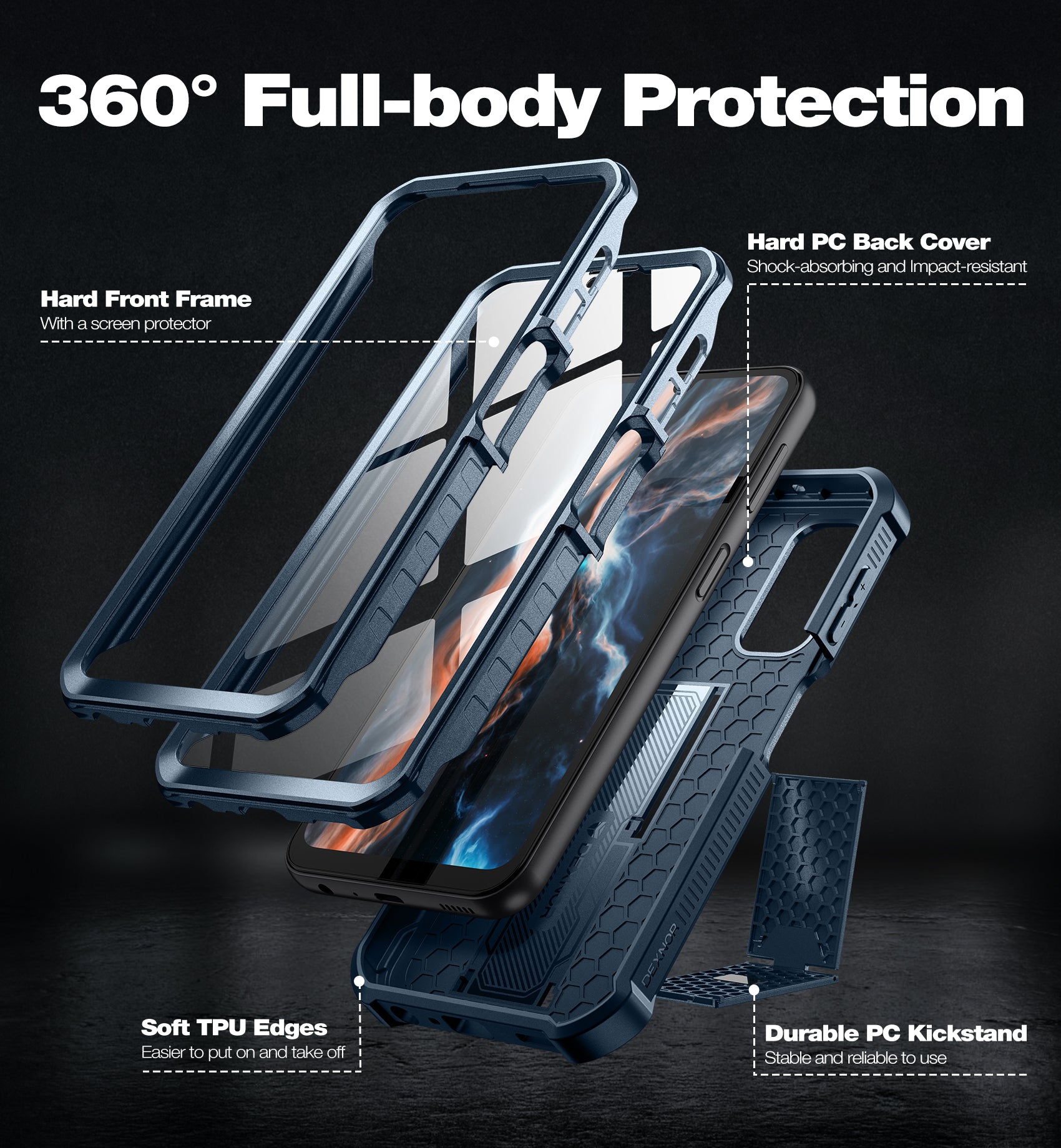 For Samsung Galaxy A25-5G Phone Case, Samsung A24 case [2 Front Frame] [Bulit-in Screen Protector & Kickstand]