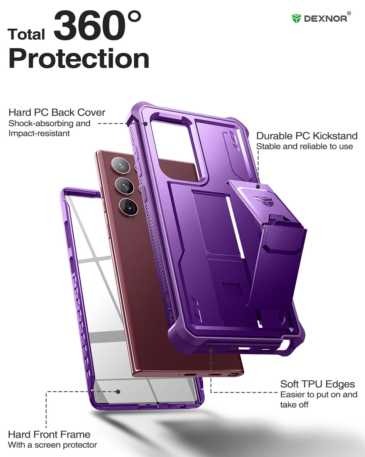 Dexnor Case for Samsung Galaxy S22 Ultra With Single Screen Protector Full Body Bumper Kickstand Heavy-duty Shockproof Rugged Military Grade Cover.