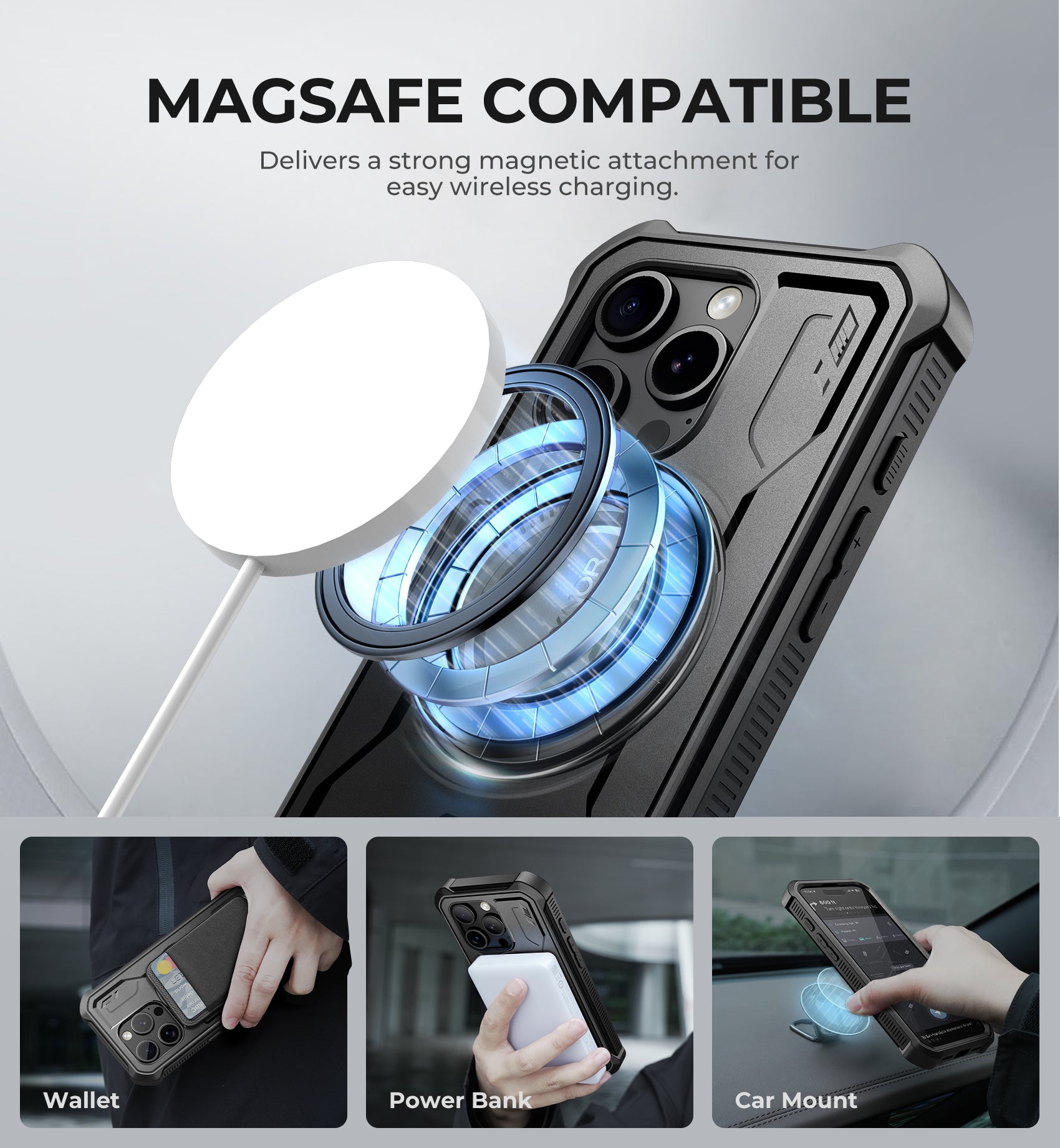 Case For iPhone 15 Pro, Compatible with MagSafe, [Built in Screen Protector and Kickstand]