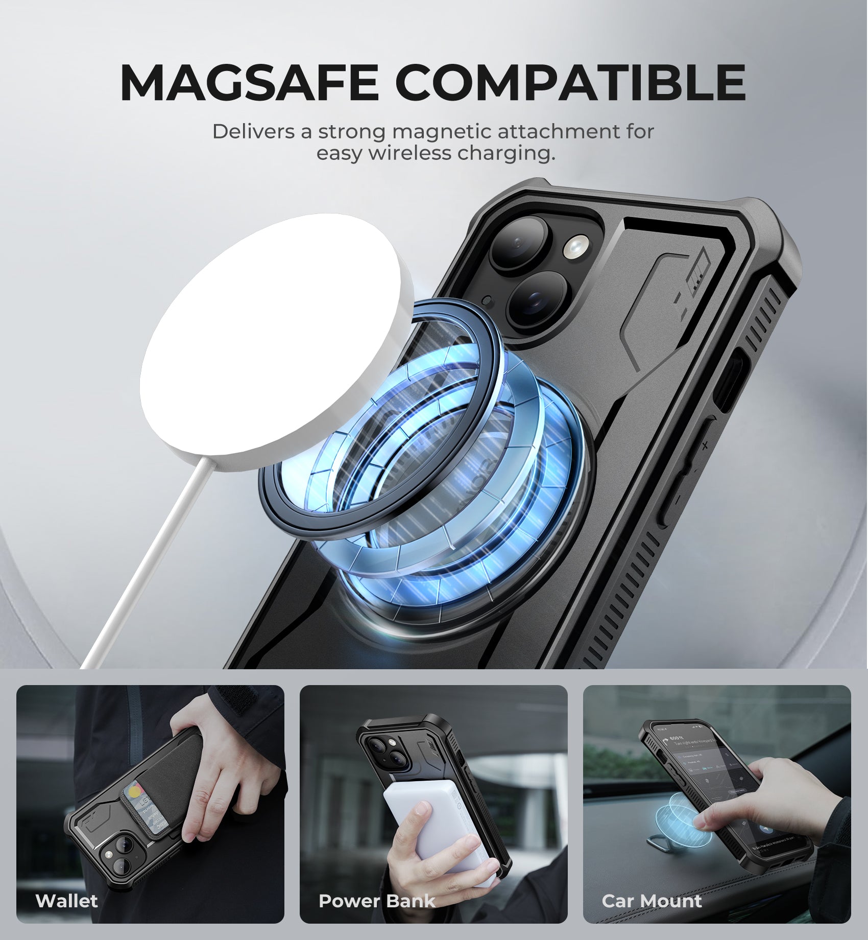 For iPhone 15 Case, Compatible with MagSafe, [Built in Screen Protector and Kickstand]