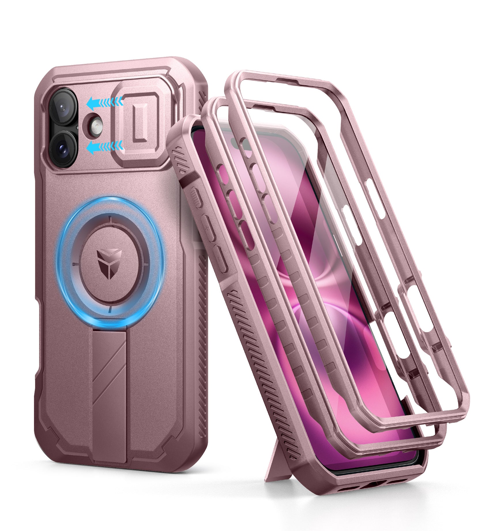 Dexnor Pink Case For iPhone 16 With Slide Camera Cover MagSafe Heavy-duty Shockproof Full Body Built-in Screen Protector Adjustable Kickstand