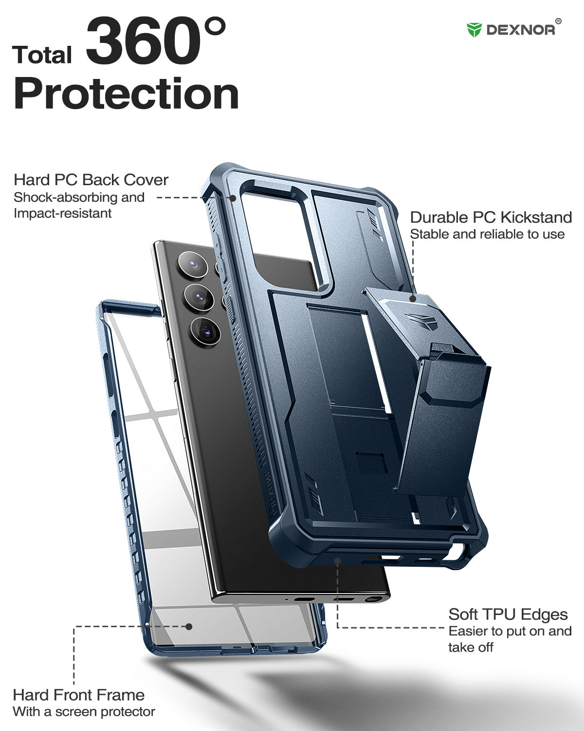 Dexnor Case for Samsung Galaxy S22 Ultra With Single Screen Protector Full Body Bumper Kickstand Heavy-duty Shockproof Rugged Military Grade Cover.